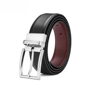Detail of black leather men's belt with silver pin buckle and red-brown inner lining