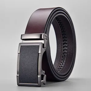 Close-up of men's dark brown leather belt featuring a sleek metal automatic buckle