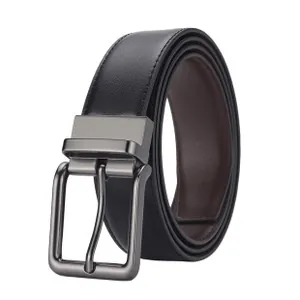 Detail of genuine leather belt with gunmetal pin buckle and neat stitching details