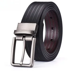 Detail of black leather business belt featuring gunmetal buckle and woven texture