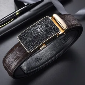 Detail of men's brown crocodile pattern leather belt with gold automatic buckle and 115cm mark
