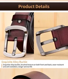 Detailed macro view of brushed alloy buckle and wine red genuine leather belt texture