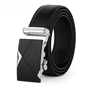 Detailed macro view of black lychee leather belt with silver-edge automatic buckle