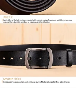 Detail of black leather belt showing smooth edges and matte gunmetal buckle