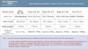 Tabella taglie per cinture in pelle nera con lunghezze da 110 cm a 130 cm e guida vita