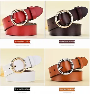 Comparativa de cinturones de cuero con hebillas redondas en rojo, marrón, blanco y caqui