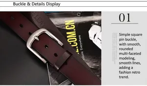 Dettaglio macro della cintura in pelle marrone con fibbia spazzolata e logo inciso