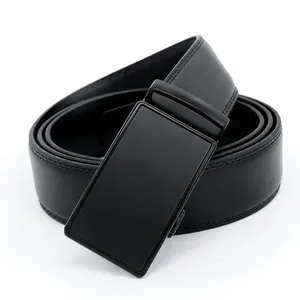 Men's business automatic belt in black textured leather with a matte alloy buckle