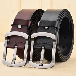 Men's leather belts in black and reddish brown with brushed metal pin buckles