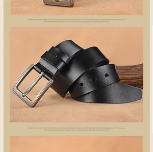Close-up of black genuine cowhide leather belt with brushed alloy pin buckle detail