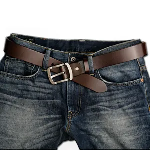 Men's dark brown leather belt with silver square buckle on classic blue denim jeans