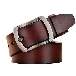 Classic dark brown leather belt for men with high-quality metal buckle on white background