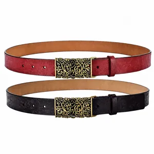Set van twee damesleren riemen met bloemenreliëf en antiekgouden holle gespen, 3,3 cm breedte