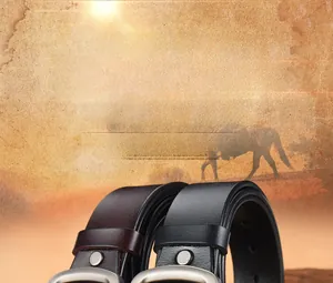 Detail of high-quality cowhide leather belts with brushed metal buckles in black and brown