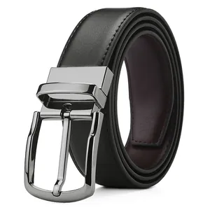 Men's business leather belt with rotatable metal pin buckle and textured black strap