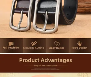 Close-up of vintage cowhide leather belts with durable alloy buckles in brown and black
