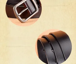 Close-up of matte silver square buckle and textured genuine cowhide leather on men belt