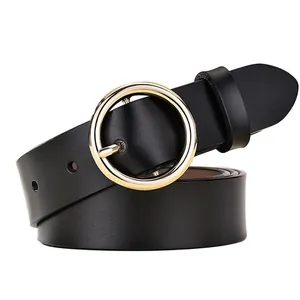 Cintura da Donna in Vera Pelle Con Fibbia Rotonda in Lega Oro Argento Classica Minimalista Versatile in Pelle Bovina di Secondo Strato per Jeans Abiti