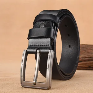 Men's Vintage Cowhide Leather Belt Brushed Alloy Pin Buckle Waistband For Casual Business Jeans Classic Solid Color Leather Belt Adjustable Strap