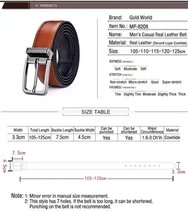 Size guide for men's brown leather belt with 3.3cm width and 105-125cm length options