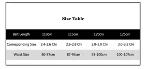 Detailed size guide for men's leather belts with length options from 110cm to 125cm