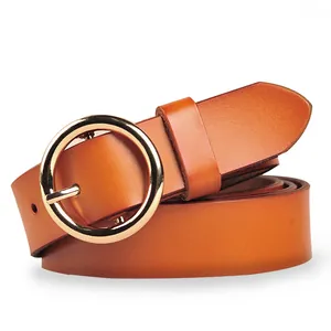 Cintura classica in pelle marrone-arancio per donna con elegante fibbia tonda dorata