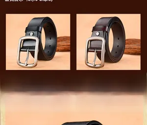 Detail view of men's genuine leather belts in black and brown with metal pin buckles