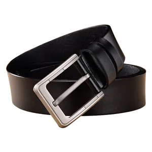 Classic men's black leather belt featuring a vintage silver brushed square pin buckle