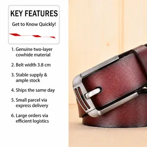 Ceinture vintage en cuir pour hommes marron foncé avec boucle ardillon brossée 3,8cm