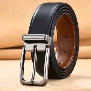 Close-up of men's leather business belt with a gunmetal pin buckle and black stitched strap