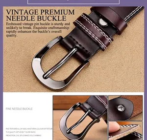 Detail of genuine leather belt with refined white double stitching and alloy buckle
