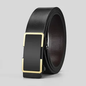 Close-up of black leather belt with a luxury gold and black automatic slide buckle