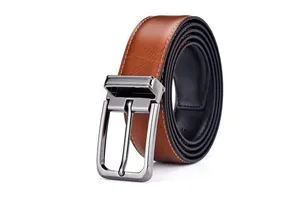 Close-up of brown leather belt with white stitching and gunmetal pin buckle detail