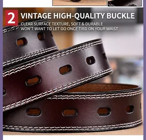 Detail of dark brown leather belt featuring white contrast stitching and oval adjustment holes