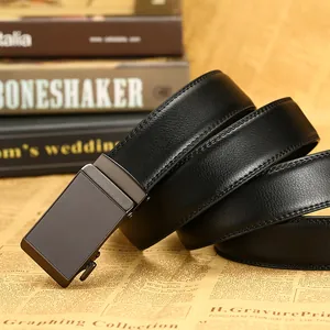 Ceinture noire classique en cuir avec boucle automatique gris foncé et double couture