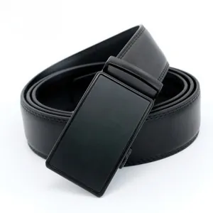 Detail of men's matte black alloy automatic buckle and stitched faux leather belt strap