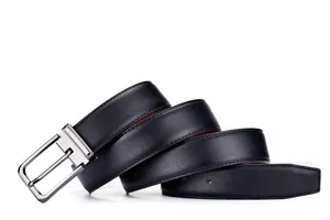 Close-up of black leather business belt with polished silver pin buckle on white backdrop