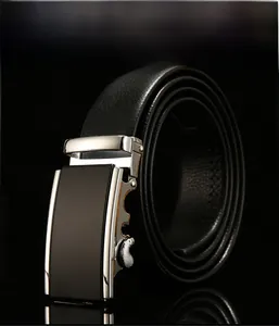 Detailed view of men's business belt with silver metal buckle and black lychee grain texture