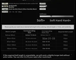 Size chart for men's PU leather belt showing lengths from 110cm to 125cm with waist guide
