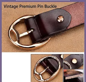 Detail of vintage embossed leather belt with ornate golden oval needle buckle