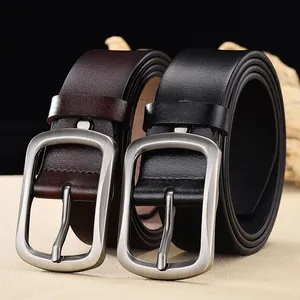 Men's classic leather belts in black and brown colors with brushed metal pin buckle