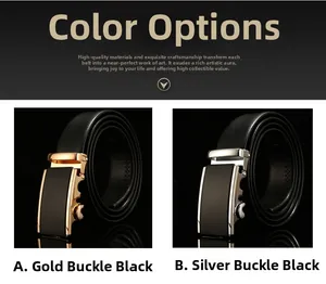 Detail of men's black textured leather belts with gold and silver automatic buckles