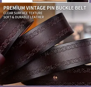 Close-up of vintage brown embossed floral pattern on genuine leather belt for women