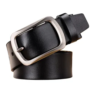 Classic men's black leather belt with silver brushed metal pin buckle on white background