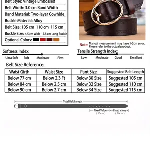 Size chart for embossed leather belt with width 3.0cm and length guide table