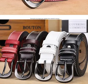Detail showing high-quality leather belts in four colors with contrast white stitching