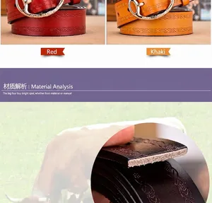 Detail of red and khaki embossed leather belts with gold buckles and side texture
