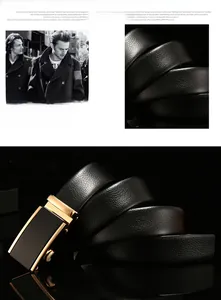 Detail of black lychee grain leather belt with golden automatic metal buckle