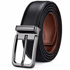 Men's leather business belt with dark metal buckle and stylish white stitching detail