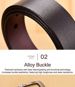 Detail of dark brown leather belt featuring brushed silver alloy buckle and fine texture